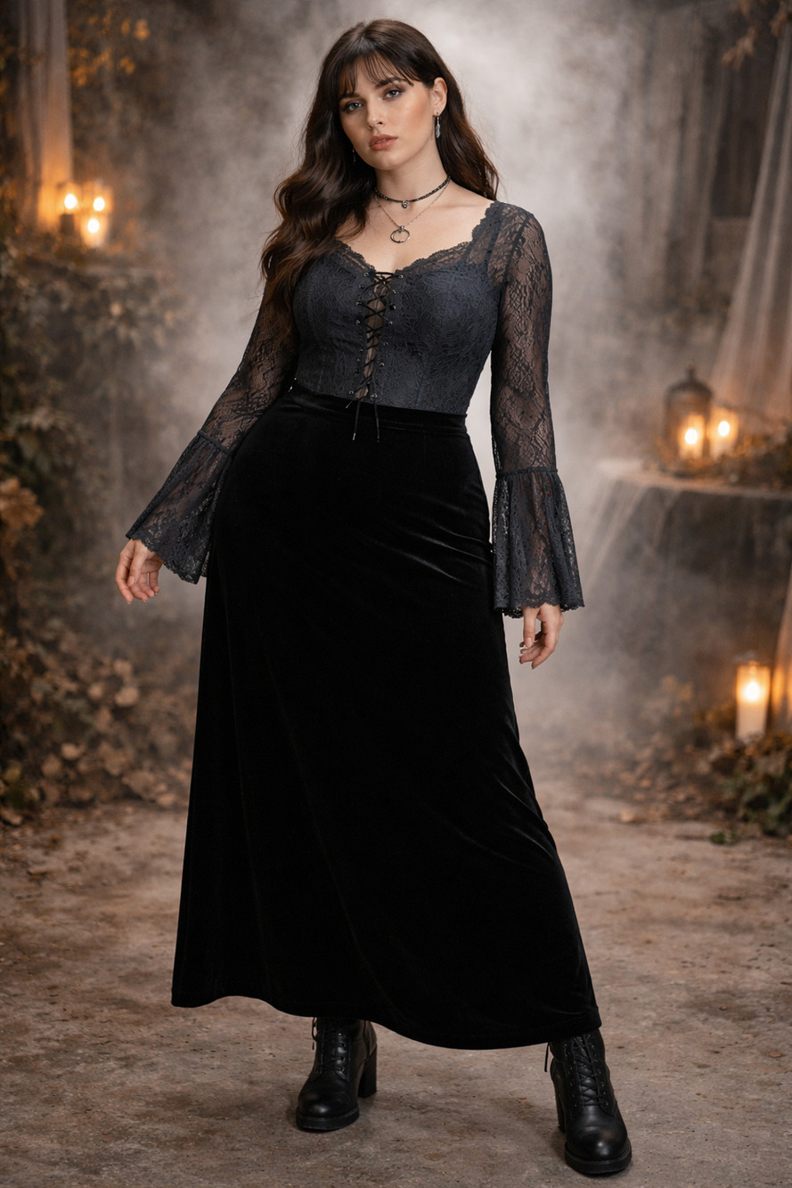 Whimsigoth Womens Skirt Large Black Maxi Velvet Fairy Grunge Fall Vamp Witchy